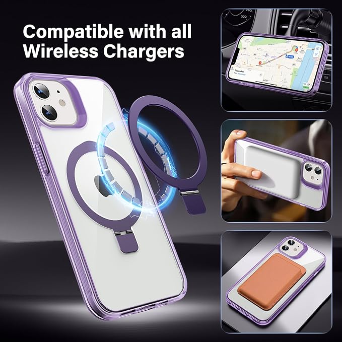 Magnetic Case for iPhone 12/12 Pro - [Built-in Invisible Stand] [Compatible with MagSafe] [Military Grade Drop Protection] Anti-Yellowing Hard Back Silicone Edge Cover, 6.1", Clear Purple