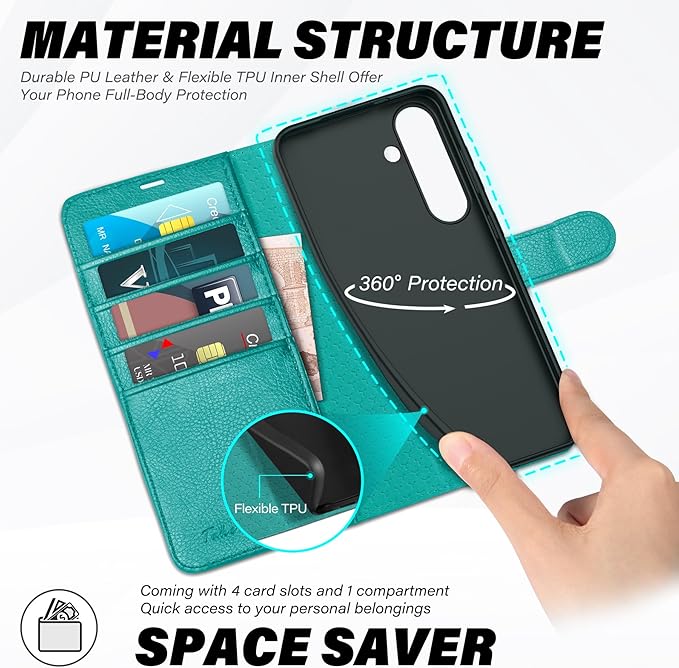 TUCCH Wallet Case for Galaxy S25 5G, Magnetic PU Leather Kickstand [RFID Blocking] Card Slot Folio Cover with [TPU Shockproof Inner Shell] Compatible with Galaxy S25 6.2" 2025, Cyan