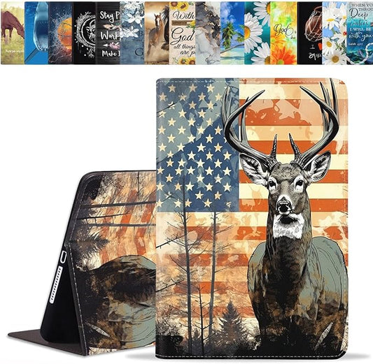 Case for Samsung Galaxy Tab S10 Lite / S10 FE / S9 FE 10.9-Inch / S9 11-Inch, Slim Lightweight PU Leather Stand Cover with Auto Wake/Sleep, American Flag Deer