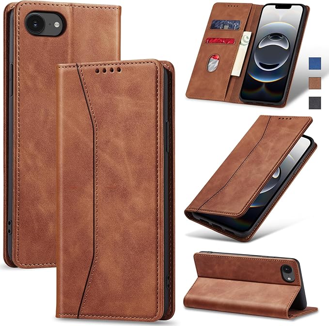 Jasonyu Flip Wallet Case for iPhone 16E,Leather Magnetic Folio Cover with Card Holder,Kickstand - TPU Shockproof Durable Protective Phone Case,Brown