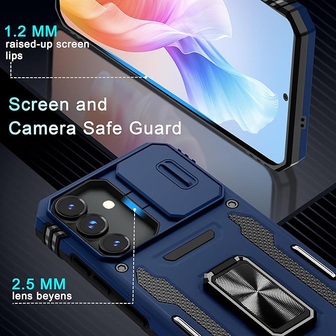 DEERLAMN Case for Samsung Galaxy S24 FE 6.7-Inch with Slide Camera Cover+Screen Protector(1 Pack), Rotated Ring Kickstand Military Grade Shockproof Protective Cover-Navy Blue