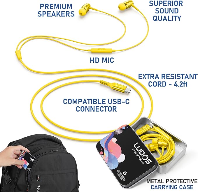 LUDOS OMNITONE USB C Headphones for iPhone 16 15 Pro Max Plus iPad Pro, 5 Years Warranty, USB-C Earbuds for Galaxy S24 S23 S22 S21 S20 A55 A54 A53, USB Type C Earphones - Yellow