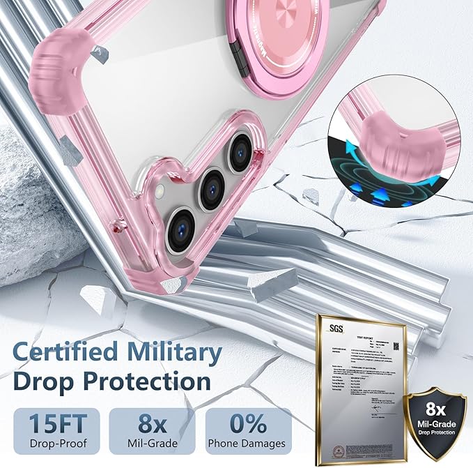 for Samsung Galaxy S22 Case Magnetic Compatible with MagSafe Wireless Charging,with 360°Kickstand Ring,for S22 Phone Case with Screen Protector, Military Grade Drop Protection Shockproof Pink