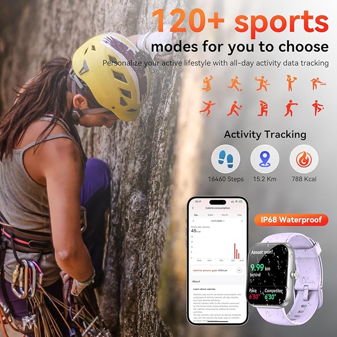 Smart Watch with Alexa Built-in, 1.83" HD Touchscreen, Bluetooth Calling Fitness Tracker, Health Monitor Heart Rate/Sleep Tracking, IP68 Waterproof, 120+ Sports Modes for Android iPhone (Purple)