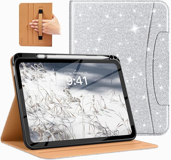MoKo for iPad (A16) 11th Generation Case 11 inch 2025, iPad 10th Generation Case 10.9" 2022 with Pencil Holder & Pocket, Premium Leather Folio Stand Cover, Multiple Viewing Angles,SparklingWhiteSilver