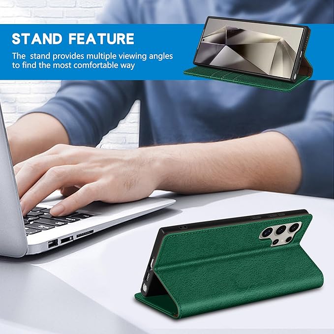 ZZXX for Samsung Galaxy S25 Ultra Wallet Case with [RFID Blocking] Card Slot Stand Strong Magnetic Leather Flip Fold Protective Phone Case for Samsung Galaxy S25 Ultra Case Wallet(Green-6.8 inch)