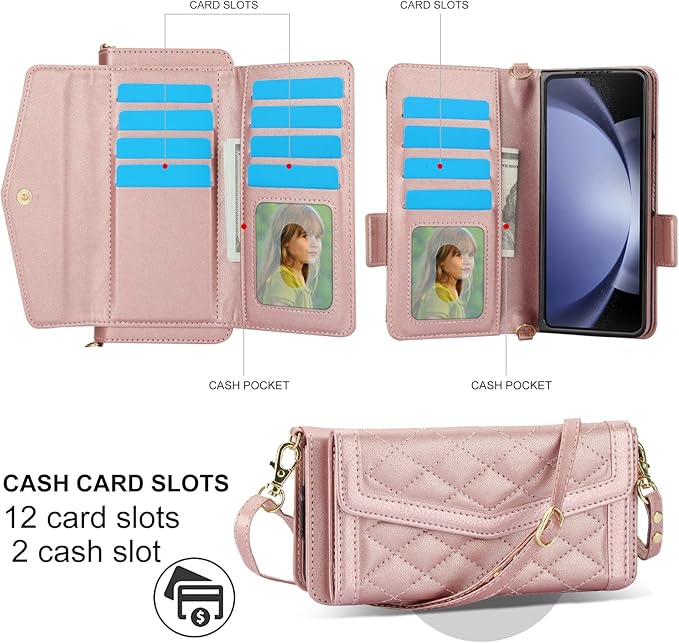 for Samsung Galaxy Z Fold 7 Wallet Case - Stitching Pattern RFID Blocking Card Holder, S Pen Slot Crossbody Strap, Full Body Protection Flip Cover for Women Rose Gold