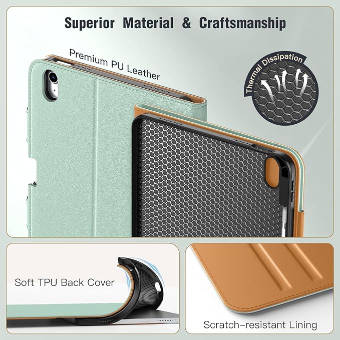 MoKo for iPad (A16) 11th Generation Case 11 inch 2025, iPad 10th Generation Case 10.9" 2022 with Pencil Holder & Pocket, Premium Leather Folio Stand Cover, Multiple Viewing Angles, Agave Green