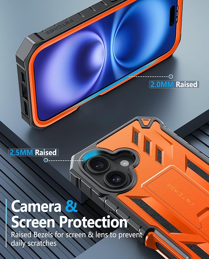 FNTCASE for iPhone 16 Phone Case: for iPhone 16 case with Kickstand Shockproof Military Grade Protective Cover - Dual Layer Full Protection Sturdy Matte Textured Drop Proof - 6.1 Inch Orange