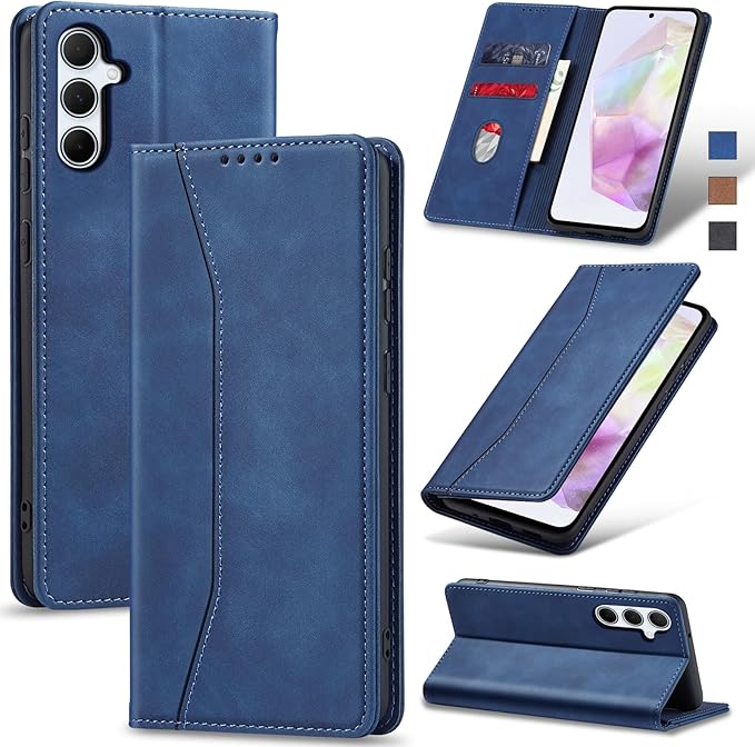 Jasonyu Flip Wallet Case for Samsung Galaxy A35,Leather Magnetic Folio Cover with Card Holder,Kickstand - TPU Shockproof Durable Protective Phone Case,Blue