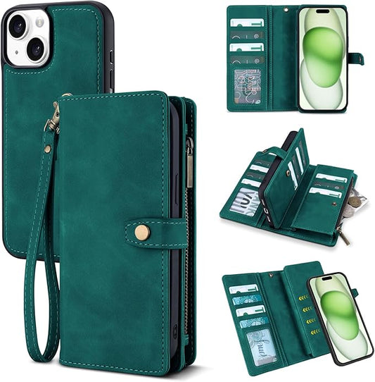 TwoHead Wallet Case Compatible with iPhone 15 Plus,Detachable Magnetic Phone Case,All-Round Shockproof Protective Leather Phone Case with Card Holder,6.7 in,Green