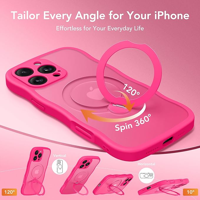 GolbinBox for iPhone 16 Pro Case for Women,[Compatible with Magsafe][360° Spin Magnetic Stand][Cute Wave Edge][Military-Grade Protection] Translucent Matte Phone Case for iPhone 16 Pro, Hot Pink