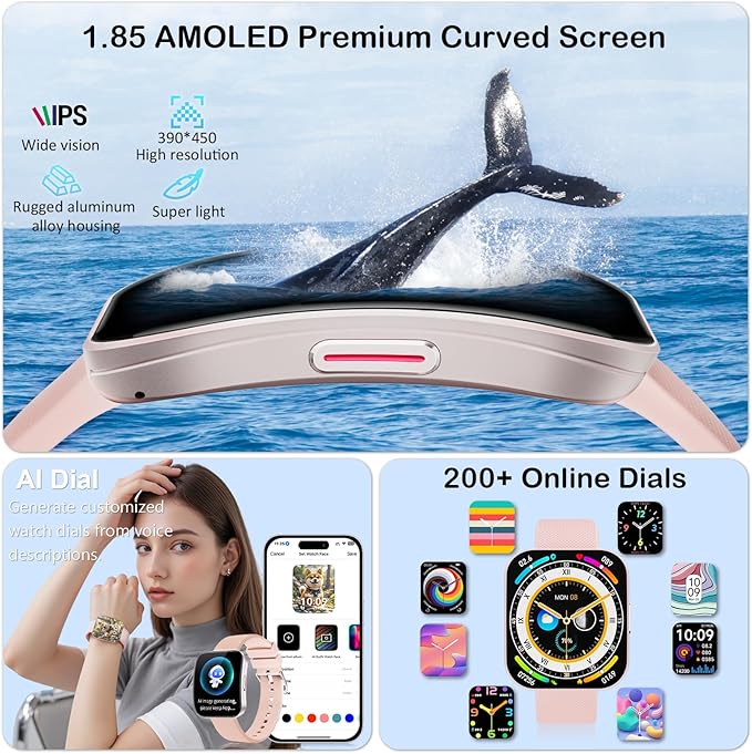 Smart Watch for Men Women, Answer/Make Calls,1.85"HD AMOLED Curved Display Fitness Watch with Blood Pressure Sleep Heart Rate Monitor, AI Dial, AI Q&A,120+ Sports True IP68 Waterproof Smartwatch,Peach