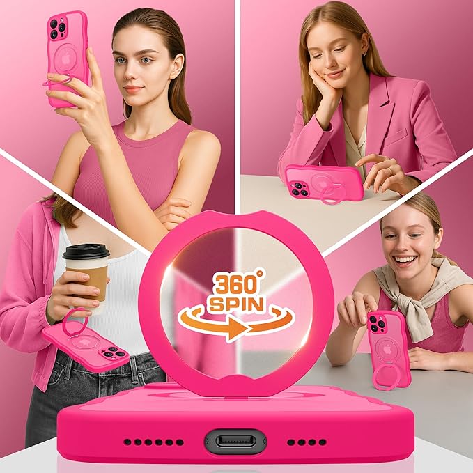 GolbinBox for iPhone 16 Pro Case for Women,[Compatible with Magsafe][360° Spin Magnetic Stand][Cute Wave Edge][Military-Grade Protection] Translucent Matte Phone Case for iPhone 16 Pro, Hot Pink