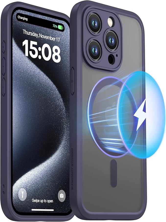 ImpactStrong Magnetic Guard Designed for iPhone 15 Pro Case [Camera Protection] [Military Grade Drop Tested] [Compatible with MagSafe] Slim Translucent Matte Phone Case (6.1") - Deep Purple