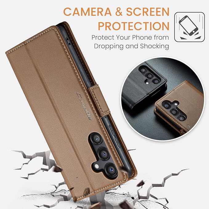 for Samsung Galaxy S24 FE Case, Premium PU Leather Wallet Case Flip Cover with [RFID Blocking][Card Holder][Stand Function] Shockproof Protective for Samsung Galaxy S24 FE, Brown