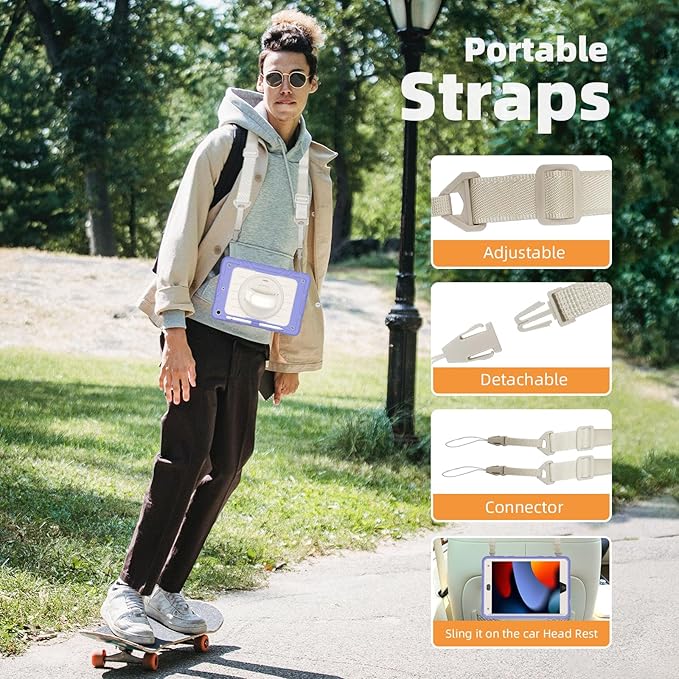 Case for iPad 9th/8th/7th Generation-Built-in Screen Protector,with Pencil Holder&360°Rotating Hand Strap,Shoulder Strap,Case for iPad 10.2 inch 2021-2019(Purple/Beige)