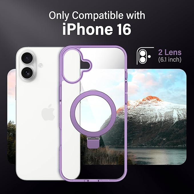 Magnetic Case for iPhone 16 - [Built-in Invisible Stand] [Compatible with MagSafe] [Military Grade Drop Protection] Anti-Yellowing Hard Back Silicone Edge Cover, 6.1", Clear Purple