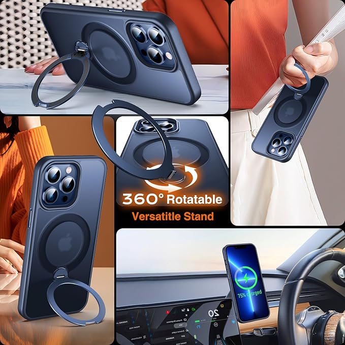 360° O-Ring MagStander for iPhone 13 Pro Case with Magnetic Kickstand Ring Holder [Compatible with MagSafe][360°Rotate Stand Ring][Military Shockproof] iPhone 13 Pro Phone Cover Matte Blue