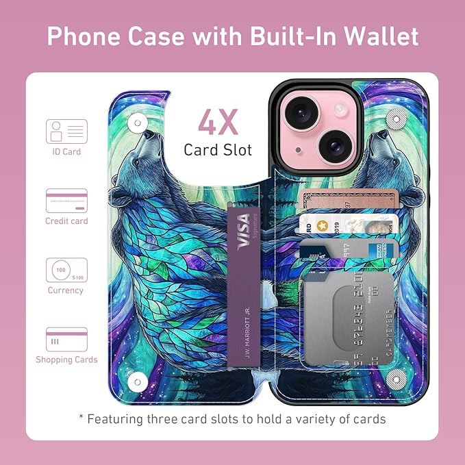 FUNMIKO for iPhone 14 Plus Wallet Case with Card Holder, RFID-Blocking, Military-Grade Protection & UV-Printed Artwork, Magnetic Closure with Leather Kickstand - Prismatic Aurora Bear