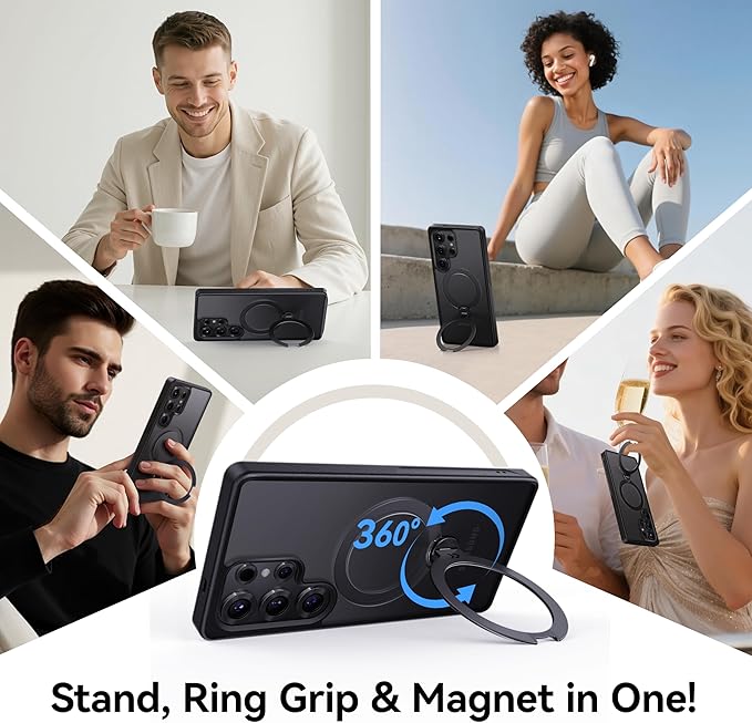 CASEKOO Patented 360° Spin Magnetic Stand for Samsung Galaxy S25 Ultra Case [18FT Military Drop Protection] [Compatible with MagSafe] Matte Translucent Slim S25 Ultra Case 6.9'' 2025, Black