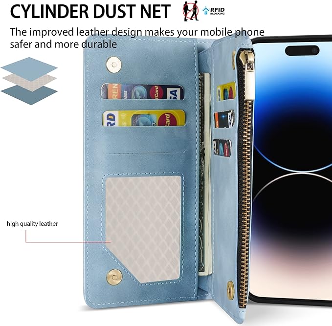 ZZXX for iPhone 14 Pro Max Case Wallet with [RFID Blocking] Card Slot PU Leather Zipper Flip Folio with Wrist Strap Kickstand Protective Cover for iPhone 14 Pro Max Wallet Case(Light Blue-6.7 inch)