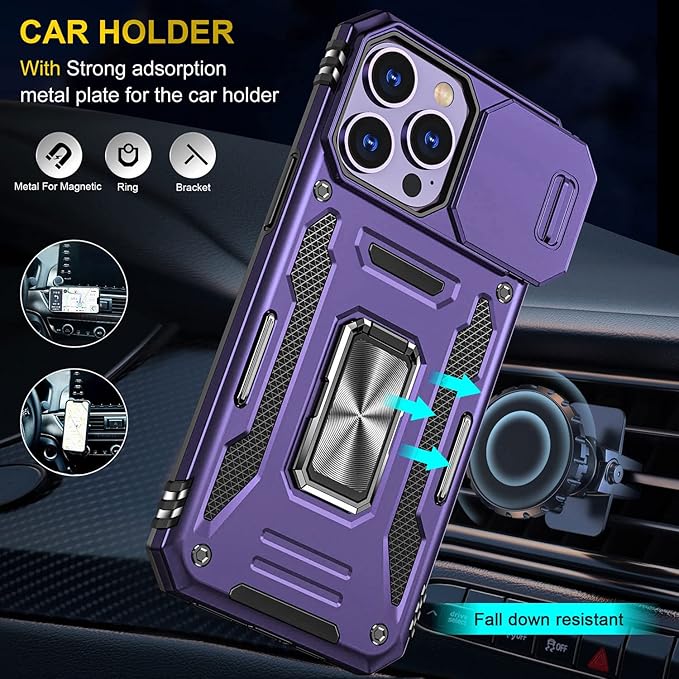 Case for iPhone 14 Pro Max iPhone Case iPhone 14 Pro Max Phone Case with Camera Lens Cover, with Ring Holder Kickstand, fit Magnetic Car Mount, for iPhone 14 Pro Max (Purple)