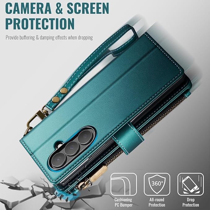 Vinich for Samsung Galaxy Z Fold 7 Wallet Case with Card Holder, Detachable Strap RFID Blocking Credit Slots Kickstand Shockproof Phone Cover for Women Men, Bluish Green