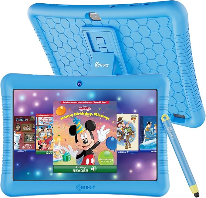 Contixo 10-Inch Kids Tablet - Ages 3-12, 80 Disney eBooks ($350 Value), 32GB Storage, Android, Parental Controls, Silicone Case w/Kickstand, STEM Learning Tablet for Older Kids - Blue