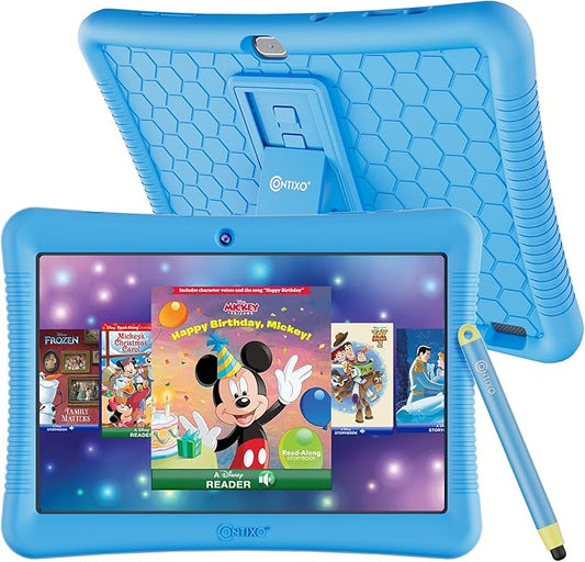 Contixo 10-Inch Kids Tablet - Ages 3-12, 80 Disney eBooks ($350 Value), 32GB Storage, Android, Parental Controls, Silicone Case w/Kickstand, STEM Learning Tablet for Older Kids - Blue
