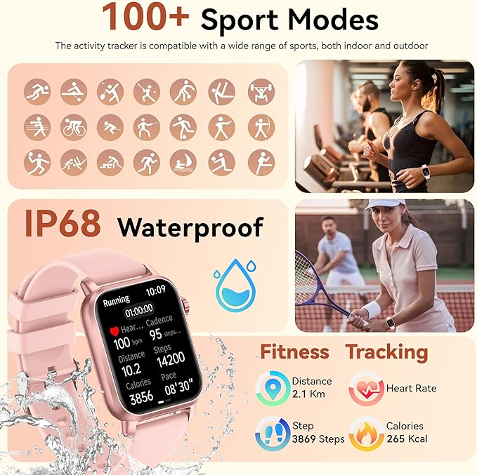 KPEP Smart Watches with LED Flashlight, 1.85" HD Smartwatches for Men Women, Answer/Make Calls, Heart Rate/SpO2/Sleep Monitor, 100+ Sport Modes, IP68 Waterproof Fitness Tracker for iOS Android, Pink