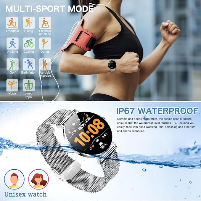 Smart Watch for Men and Women, 1.3 Inch Amoled HD Round Full Touch Screen Watch, Full Metal 6.8MM Ultra-Thin Case, Multiple Sports Modes, Compatible with Androidand iOS (Steel Silver)