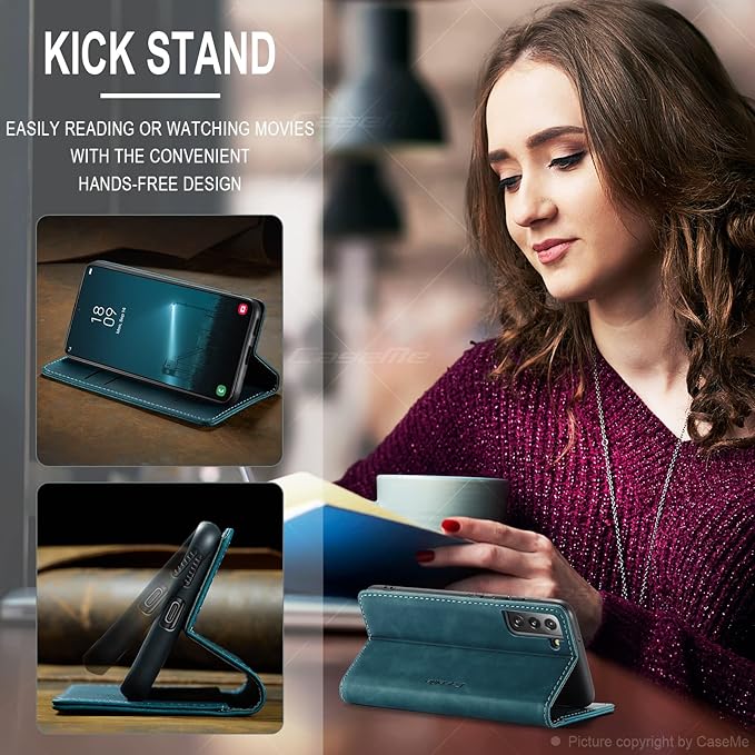 for Samsung Galaxy S22 Case, Flip Wallet Leather Case with Card Holder Magnetic Closure Shockproof Kickstand Protective Phone Cases Cover for Samsung S22,Blue-Green