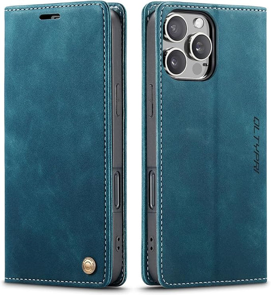 QLTYPRI for iPhone 16 Pro Case Wallet with Card Holder, Vintage PU Leather Kickstand Magnetic Closure Shockproof Folio Book Cover Case for iPhone 16 Pro - Blue