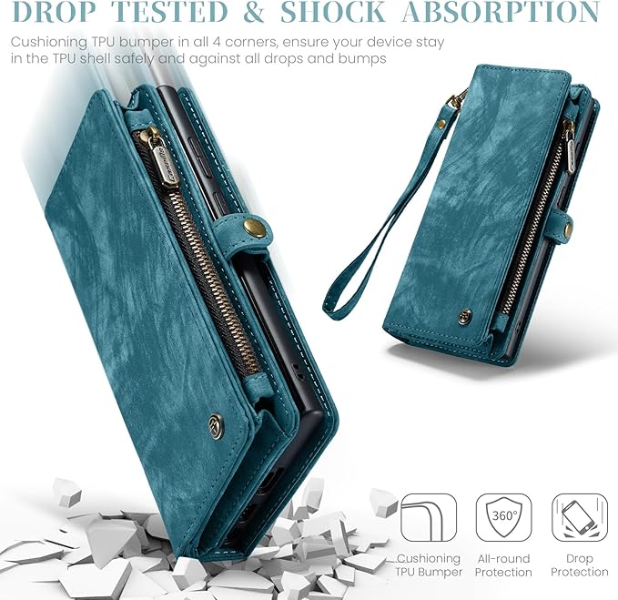 SZHAIYU 2 in 1 Detachable for Samsung Galaxy S24 Ultra Wallet Case with Card Holder, Retro Premium Flip Leather Cover Magnetic Zipper Pocket Phone Cases 6.8'' (Blue, S24 Ultra)