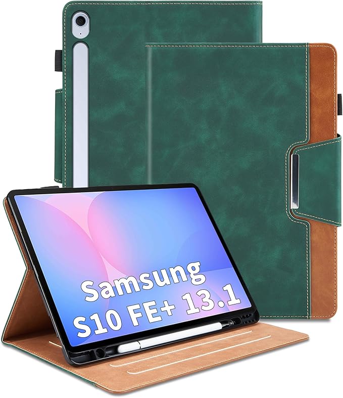 Case for Samsung Galaxy Tab S10 FE Plus 13.1 Inch 2025 Model(SM-X620/X626B) - Multi-Angle Viewing Stand Cover with Pocket and Magnetic Clasp, PU Leather Business Folio Protective Case, Green
