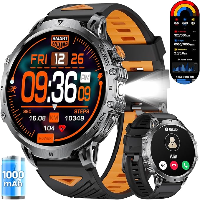 LIGE Military Smart Watches for Men with 1000 mAh Battery, 1.85" HD Touch Screen Smart Watch with Flashlight/50M Waterproof/,110+ Sports Fitness Tracker Watch,Pedometer Mens for Android iPhone