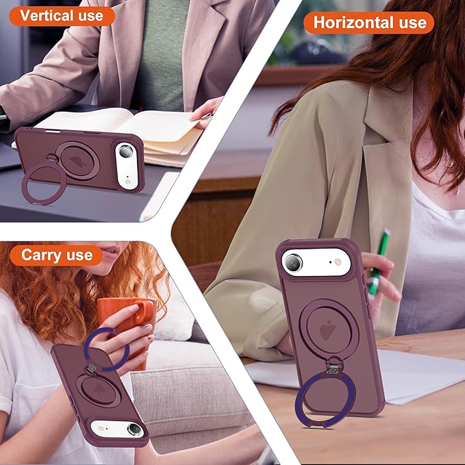 Compatible with iPhone 17 Air Case with Invisible Magnetic 360°Spin Stand,Military-Grade Shockproof Protection [Compatible with Mag-Safe] Non-Slip Edge Translucent Case (6.5",Wine Red)