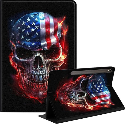 Case for Samsung Galaxy Tab S10 FE/ S9 FE 5G 10.9 Inch/Tab S9 11 Inch, Slim PU Leather Stand Cover with Auto Wake/Sleep, Multi-Angle Viewing & Shockproof, Skull American Flag