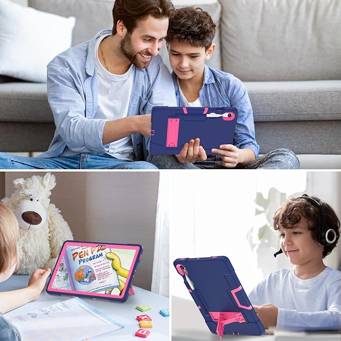 case for Galaxy Tab S10 FE / S9 (2023) 11" / S9 FE / S7 / S8 Case, Soft Silicone & Hard Pc 3-Layer Military Protector Cover for Tab S10 FE with S-Pen Holder Stand Navy Blue+Rose Red