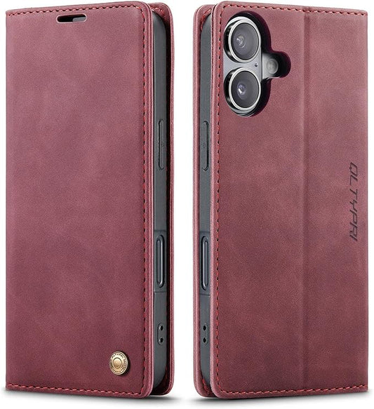 QLTYPRI for iPhone 16 Plus Case Wallet with Card Holder, Vintage PU Leather Kickstand Magnetic Closure Shockproof Folio Book Cover Case for iPhone 16 Plus - Wine Red