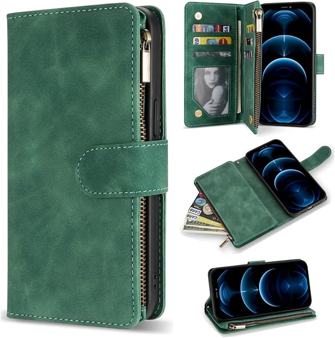 ZZXX for iPhone 12 Pro Max Wallet Case with Card Slot Premium Soft PU Leather Zipper Flip Folio Wallet with Wrist Strap Kickstand Protective for iPhone 12 Pro Max Case Wallet(Green 6.7 inch)