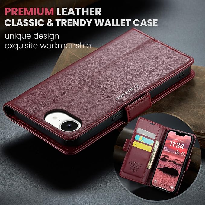 for Apple iPhone 16e Case, Premium PU Leather Wallet Case Flip Cover with [RFID Blocking][Card Holder][Stand Function] Shockproof Protective for iPhone 16E 6.1", Red