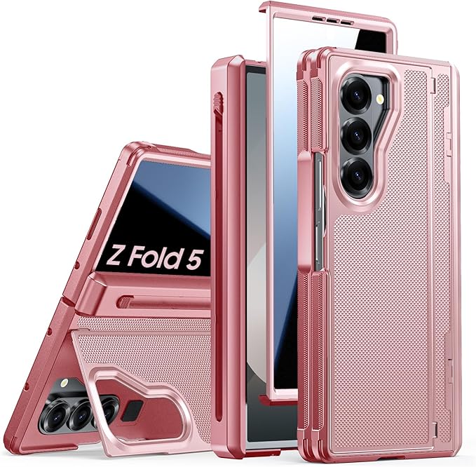 for Samsung Galaxy Z Fold 5 Case with S Pen Holder & Privacy Screen Protector & Kickstand & Hinge Protection, Full Body Cover Hard Non-Slip Shockproof Case for Galaxy Z Fold 5 (Pink)