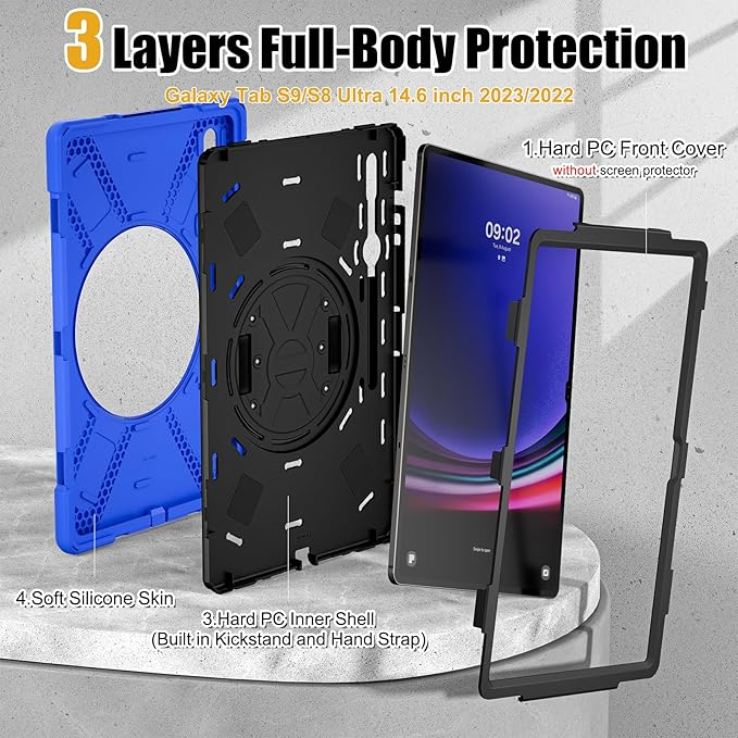 BRAECNstock for Samsung Galaxy Tab S10 Ultra/ S9 Ultra/ S8 Ultra Case 14.6" Shockporoof Protective Heavy Duty Kids Case with Pencil Holder [360 Rotating Strap]& Stand, Shoulder Strap, Blue