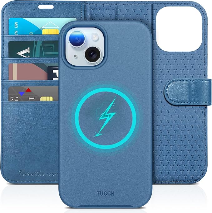 TUCCH Case Wallet for iPhone 15, Removable 2-in-1 Kickstand RFID Blocking 4 Card Slot Wireless Charging Protective Case, PU Leather Magnetic Detachable Folio Compatible with iPhone 15 6.1", Lake Blue