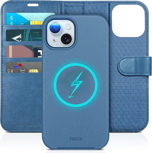 TUCCH Case Wallet for iPhone 15, Removable 2-in-1 Kickstand RFID Blocking 4 Card Slot Wireless Charging Protective Case, PU Leather Magnetic Detachable Folio Compatible with iPhone 15 6.1", Lake Blue