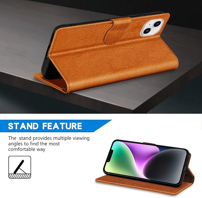 ZZXX for iPhone 14 Wallet Case with [RFID Blocking] Card Slot Kickstand Magnetic Closure Leather Flip Fold Protective Phone Case for iPhone 14 Case Wallet(Brown-6.1 inch)