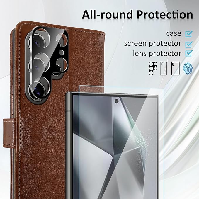 MONASAY Wallet Case Fit for Samsung Galaxy S24 Ultra 5G，[Lens & Glass Screen Protector] [RFID Blocking] Flip Folio Leather Cell Phone Cover with Credit Card Holder, 6.8 inch, Brown