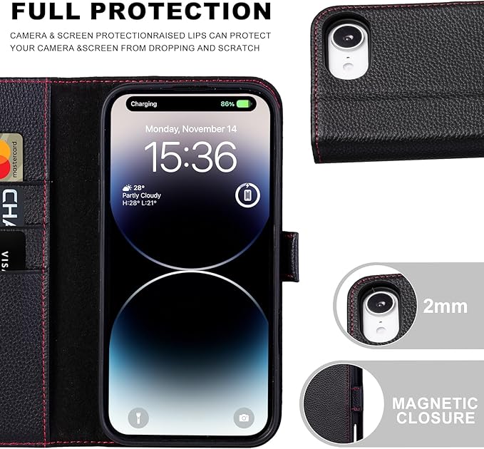 Case for iPhone 16e 6.1", Genuine Leather Wallet Magnetic Cover RFID Blocking Card Slot Kickstand Shock-Absorbent TPU Phone Holder Case Compatible with iPhone 16e 2025 5G (Black)